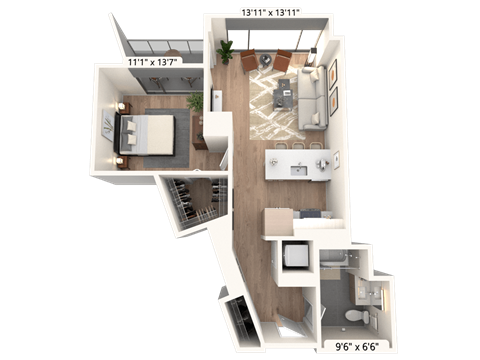 Floor plan for 1 bed, 1 bath, 686 sqft